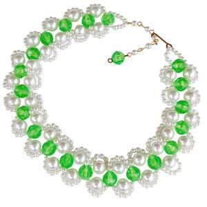 VTG Green Beaded Choker Necklace Faux Pearl Gold Tone Adjustable Y2K 2000s